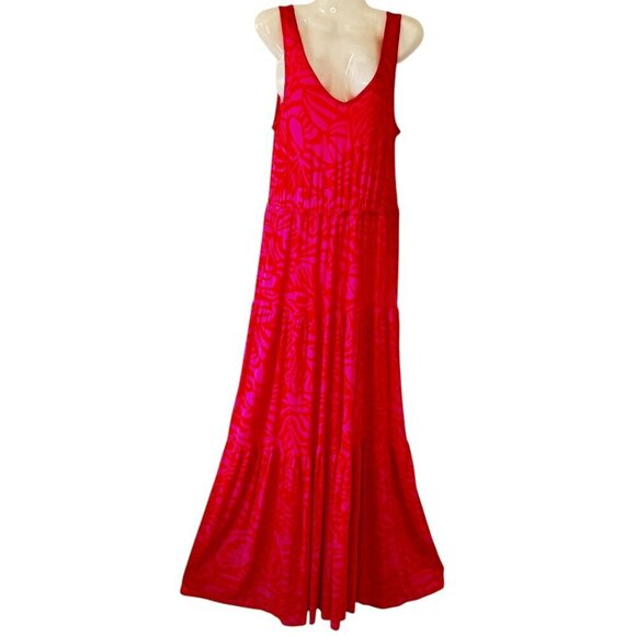 Lascana x VENUS Tiered Maxi Dress Pink and Red Abstract Stretch V Neck Size Med - Picture 3 of 12